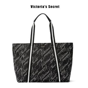 VS Black White Script Logo Cotton Canvas Weekender Tote Bag Roomy Purse XL NEW